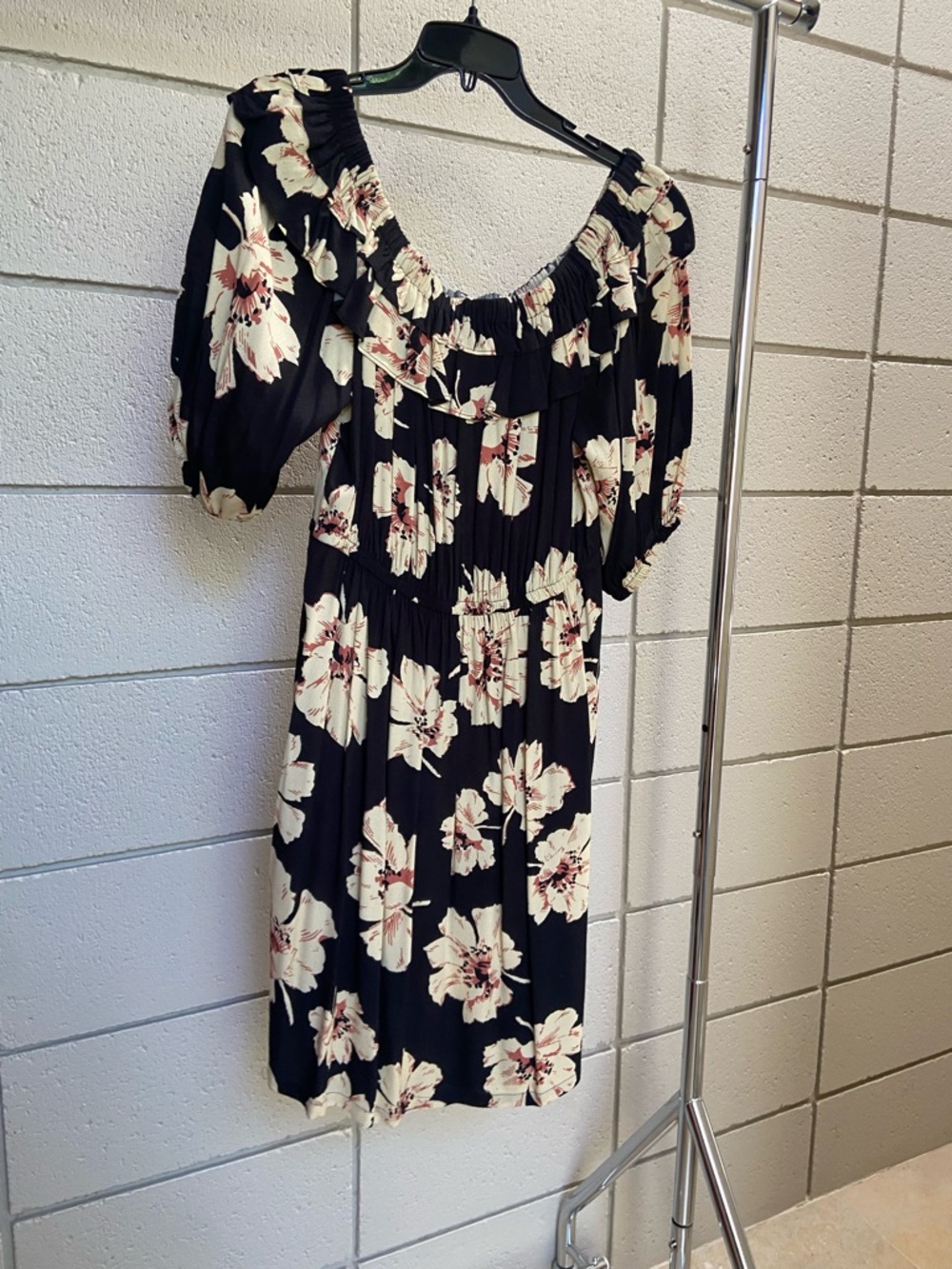ba&sh Black Mini Dress with Cream and Pink Floral Print